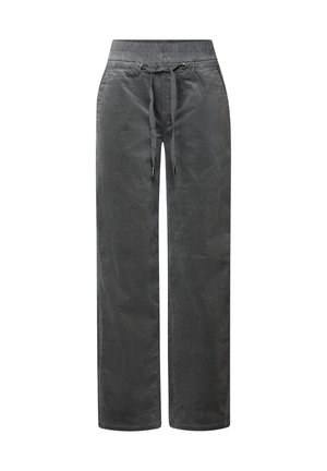 Pantalons en velours côtelé gris avec une taille à cordon de serrage, jambes larges et texture douce. Présente un éclat subtil et des embouts métalliques sur les cordons.