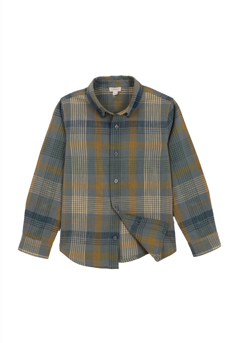 Chemise en flanelle à carreaux dans des teintes de bleu, vert et moutarde. Elle présente un col boutonné, des manches longues et une fermeture à boutons sur le devant.