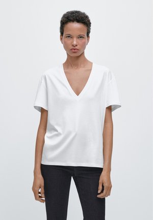 Massimo Dutti FLOWING V-NECK WITH SHORT SLEEVES - T-shirt basic - white