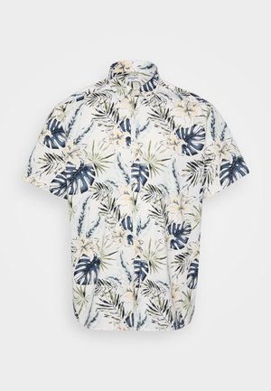 Kortärmige shirt met een tropische bloemen- en bladerenpatroon in marineblauw, groen en crème op een lichte achtergrond; met knopen.