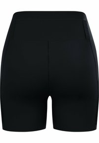 Zwarte sportshorts van stretchy stof, met een hoge tailleband en platte naden voor duurzaamheid. Eenvoudig ontwerp zonder patronen.
