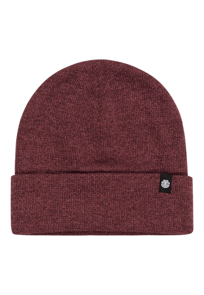 Maroon knit beanie with a folded cuff. Made from textured fabric, features a small black logo tag on the side. Soft and flexible design.