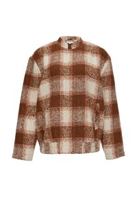 Brown and cream plaid sweater with a high neckline, textured fabric, and elastic hem. Features large blocks and a soft, fuzzy appearance.