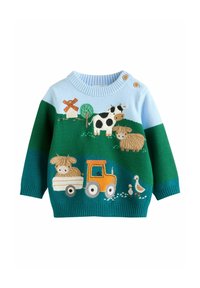 Pull en tricot bleu et vert avec broderies d'animaux et de tracteurs, doté d'un col côtelé et d'accents de boutons à l'épaule.