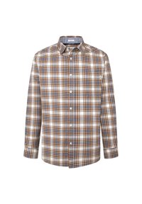 Camisa de cuadros de manga larga en tonos blancos, marrones y grises, con un cuello abotonado, botones en la parte delantera y un bolsillo en el pecho.