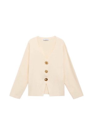 Cardigan lungo crema con maniche lunghe e scollo a V, dotato di tre distinti bottoni decorativi dorati lungo la parte anteriore.