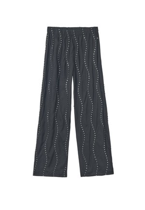 Black wide-leg pants with elastic waist, featuring wavy patterns of silver studs for embellishment along the sides, soft fabric texture.