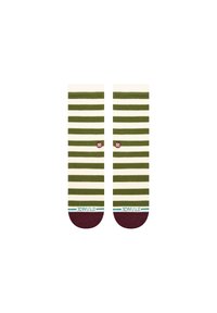 Striped crew socks in olive green and cream, featuring a maroon toe and heel. Brand name displayed in blue near the top. Soft knit material.