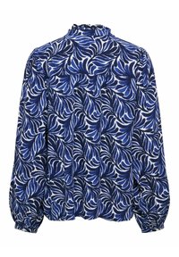 Blouse à manches longues avec un motif de feuilles bleu marine et blanc, confectionnée dans un tissu léger avec un col et des poignets froncés.