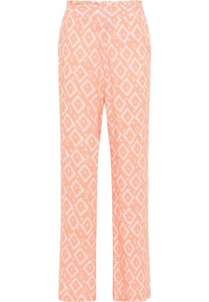 Rózsaszín mintás nadrág, geometriai gyémánt mintával, könnyű anyagból készült. Rugalmas derékpánttal és egyenes szárakkal rendelkezik.