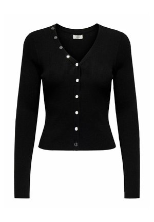 Mustast ribaga kardigan V-kaelusega, pikkade varrukatega ja hõbedaste nööpide detailidega kaelusel. Lõige on istuv ja tekstuur sile.