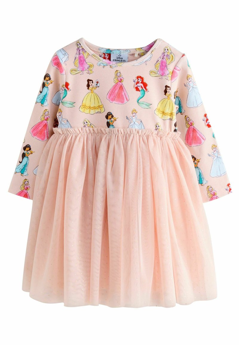Vaalea vaaleanpunainen mekko, jossa on ribbetty yläosa Disney-prinsessaprinteillä ja tüllihame, jota koristavat pilkut. Pitkät hihat, joustava vyötärö.