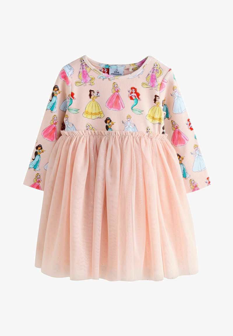 Pink long-sleeve dress with tulle skirt and Disney princesses pattern on the top, featuring Belle, Ariel, Cinderella, and others.