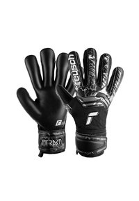 Guanti da portiere neri con palmi in lattice testurizzato e retro in nylon. Presentano un cinturino in velcro e accenti grafici distintivi.