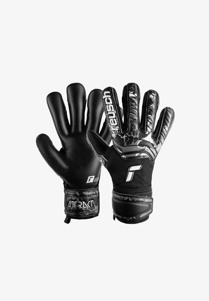 Schwarze Torwarthandschuhe mit texturierten Latex-Handflächen und Nylon-Rücken. Zu den Merkmalen gehören ein Velcro-Riemen und auffällige grafische Akzente.