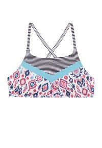 Multikleurige bikinitop met een bloemen- en geometrisch patroon, marineblauwe en witte gestreepte panelen en kruispatroon banden met een blauwe accent.