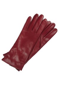 Pair of smooth, dark red leather gloves with stitching details, laid flat and overlapping on a white background.