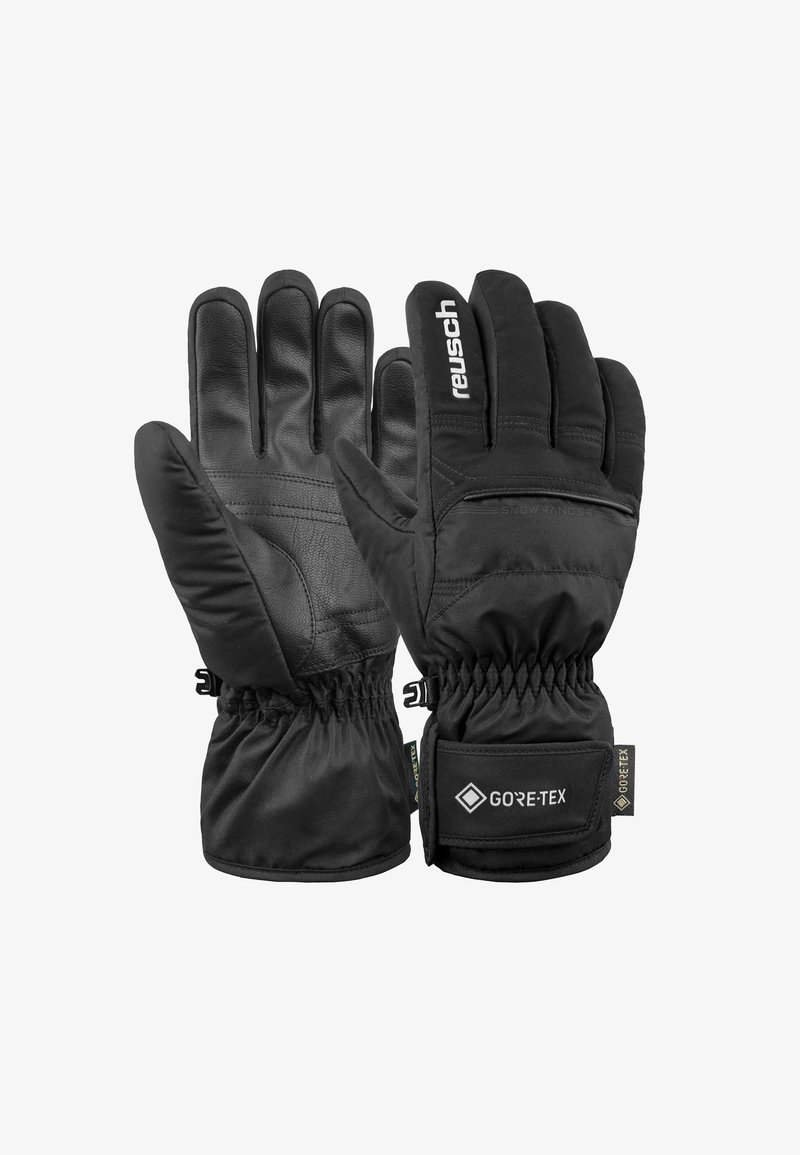 Guanti isolati neri realizzati in pelle e tessuto, con polsini elastici e etichetta GORE-TEX, progettati per l'uso in condizioni di freddo.