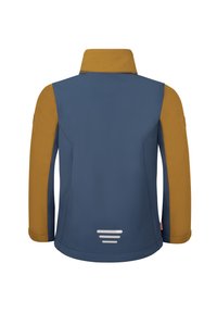 Veste en blocs de couleurs avec un corps bleu marine et des manches moutarde, un col montant, une texture lisse et des accents réfléchissants dans le dos.