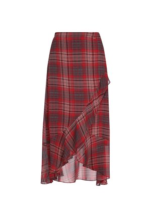 Red plaid skirt made of lightweight fabric, featuring a ruffled hem and an asymmetrical design. Includes shades of grey and white in the pattern.