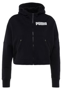 Sweat à capuche court noir avec fermeture éclair, poches zippées à l'avant et logo blanc PUMA sur la partie supérieure gauche de la poitrine.