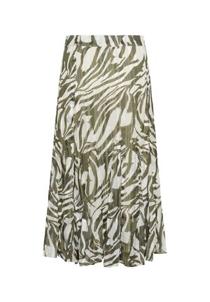 Midiruhahosszúságú pliszírozott szoknya olívazöld és fehér absztrakt zebra csíkokkal, rugalmas derékpánttal.