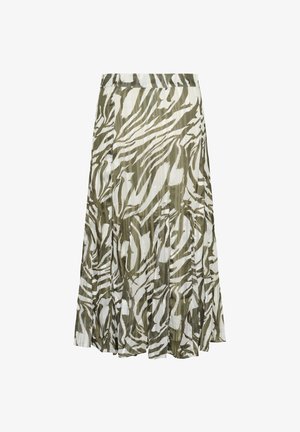 Midiruhahosszúságú pliszírozott szoknya olívazöld és fehér absztrakt zebra csíkokkal, rugalmas derékpánttal.