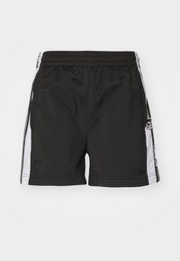 Black athletic shorts with an elastic waistband, featuring white side stripes. Made from a smooth, lightweight material.