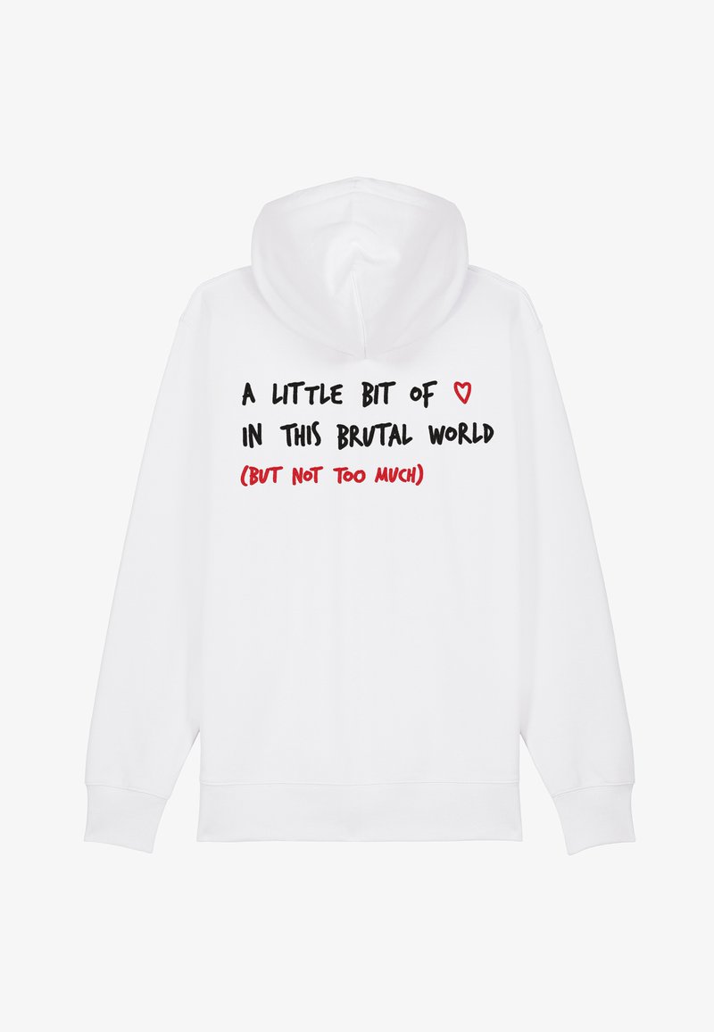 Hoodie blanc avec une poche kangourou à l'avant, capuche, et un texte en noir et rouge, incluant un graphique de cœur, indiquant "Un peu d'amour dans ce monde brutal (mais pas trop)."