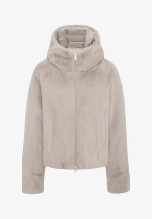 Lysegrå blød kunstpelsjakke med fuld lynlås foran, polstret indvendig hætte, lange ærmer og sidelommer.