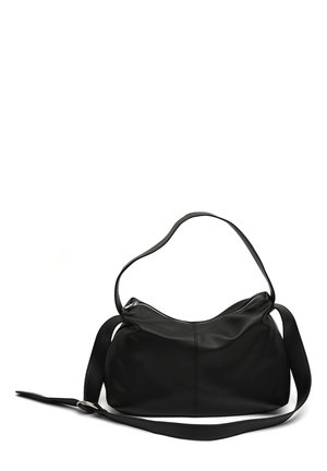 Black leather shoulder bag with zipper closure and adjustable long strap, soft rounded shape, displayed on a white background.