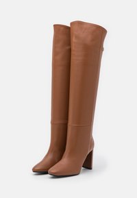 Botas altas de cuero marrón con puntas afiladas y tacones cuadrados, de pie sobre un fondo blanco.