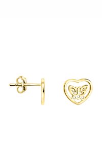 Guldörhängen i hjärtform med intrikat fjärilsdesign och tre små klara ädelstenar. Har en tryckbakre stängning.