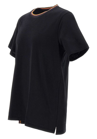 Black t-shirt made of soft fabric featuring short sleeves, a straight cut, and a multicolored striped neckline with side slits.