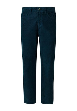 Corduroy broeken in donker teal, met een rechte snit, voorzakken en een platte voorkant. De stof heeft een zachte textuur met ribbels.