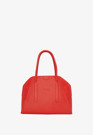Red synthetic tote bag with angular design, features two sturdy handles and embossed logo. Smooth texture with a structured shape.