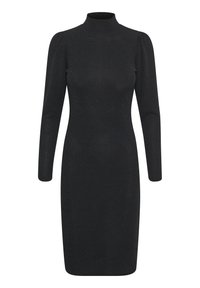 Schwarzes Langarmkleid mit hohem Kragen, aus strukturiertem Stoff. Körperbetonte Passform mit leichten Puffärmeln und einer glatten Silhouette.