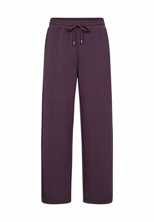 Fialové tepláky vyrobené z měkké látky s elastickým pasem na šnůrku, širokými nohavicemi a bočními švy. Jednoduchý design bez viditelných vzorů nebo akcentů.