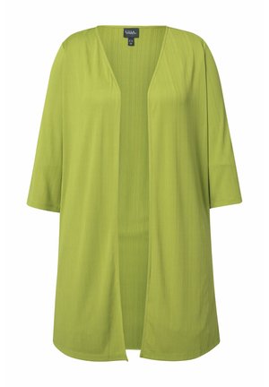 Grüner, offener Kimono-Cardigan mit 3/4-Ärmeln, aus strukturiertem Stoff. Hat eine lockere Passform und keine Verschlüsse.