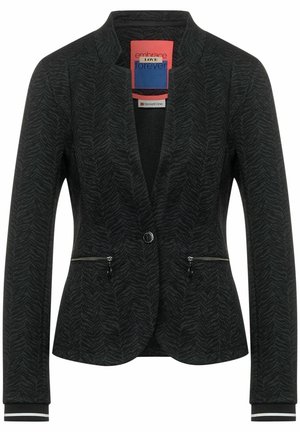 Schwarzer taillierter Blazer mit dezentem Zebramuster, Ein-Knopf-Verschluss, zwei horizontalen Reißverschlusstaschen und gestreiften Manschettendetails.