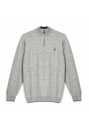 Pull gris clair à manches longues avec fermeture éclair au quart et petit logo sombre sur la poitrine gauche, poignets et ourlet côtelés, à plat.