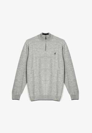 Pull gris clair à manches longues avec fermeture éclair au quart et petit logo sombre sur la poitrine gauche, poignets et ourlet côtelés, à plat.