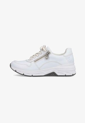 Witte sportieve schoen met ronde neus, glad synthetisch materiaal, decoratieve ritssluiting, flexibele zool en grijze rubberen buitenzool voor grip.