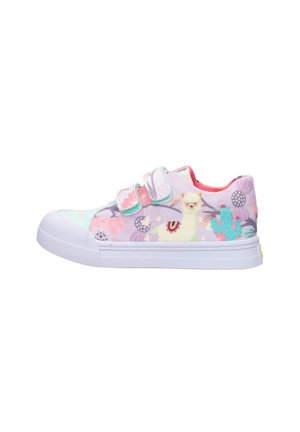 Children’s sneaker with pastel pink, purple, and mint colors, featuring llama and cactus prints and two Velcro straps, on white sole.