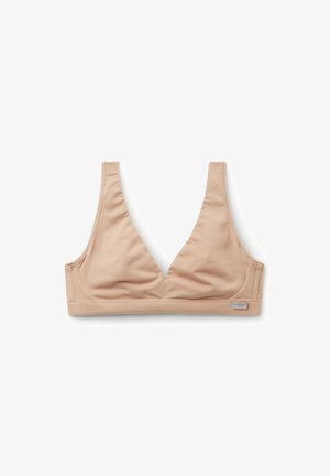 Nude-farbener BH mit tiefem V-Ausschnitt, weichem Stoff, breiten Trägern und minimaler Nahtverarbeitung. Enthält ein kleines Markenetikett an der Seite.