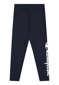 Granatowe legginsy wykonane z miękkiego materiału, z białym logo z boku oraz dopasowanym krojem i elastycznym pasem.