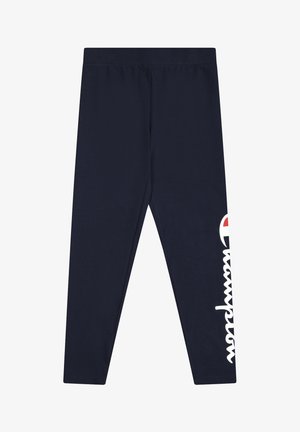 Marineblauwe legging gemaakt van een zachte stof, met een wit logo aan de zijkant en een aansluitend ontwerp met een elastische tailleband.