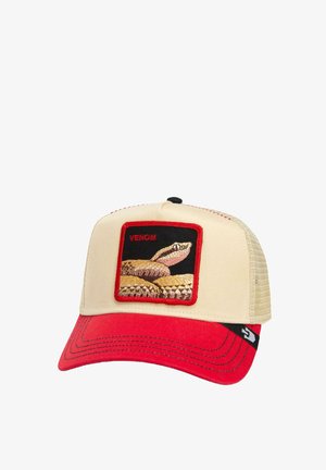 Beige cap with a red brim, featuring a square patch with a snake illustration and "VENOM" text in red. Mesh back for ventilation.