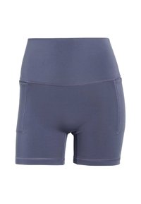Navy blue athletic shorts with an elastic waistband, flatlock seams, and two side pockets. Made from a stretchy, moisture-wicking material.