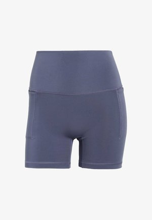 Marineblauwe sportieve shorts met een elastische tailleband, vlakke naden en twee zijzakken. Gemaakt van een rekbaar, vochtafvoerend materiaal.